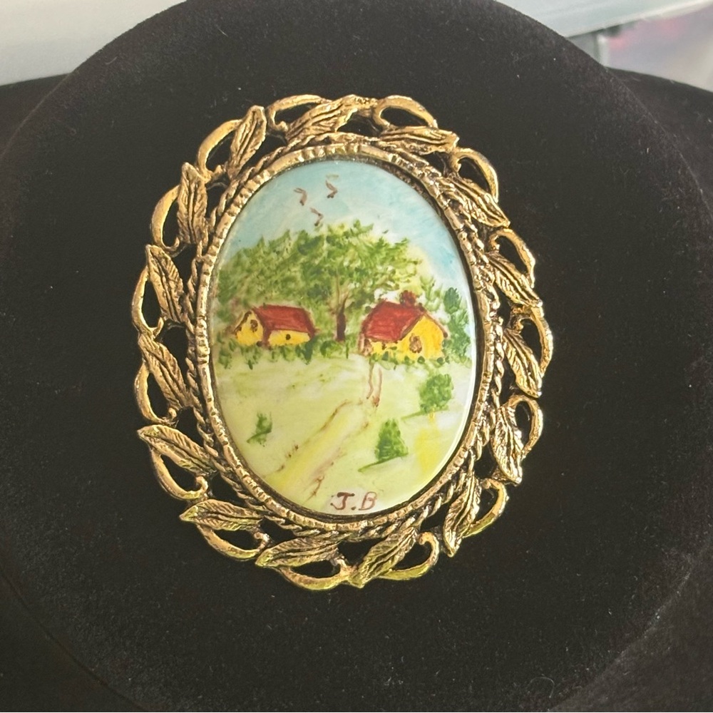 Vintage Scenic Houses Brooch with Gold-Tone Frame Signed